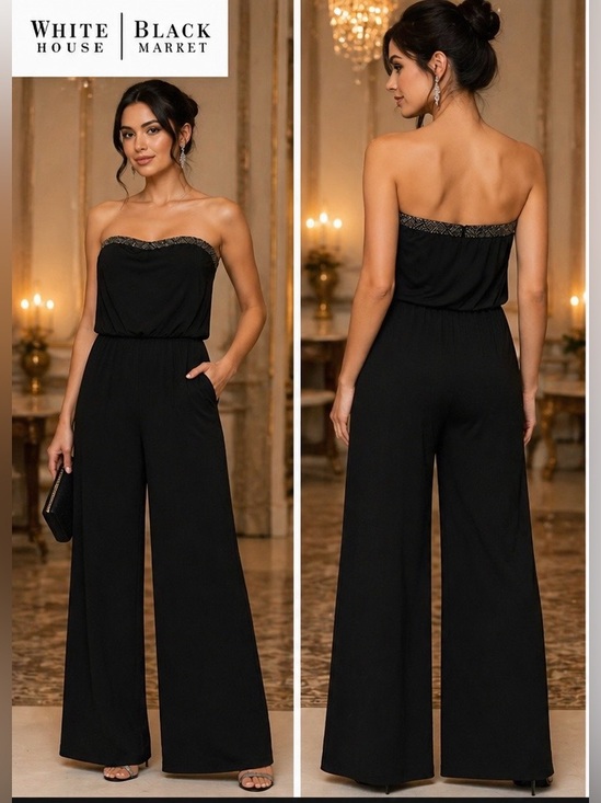 White House Black Market Pants - White House Black Market Black Jumpsuit Size 10 Wide Leg Dressy Stretch